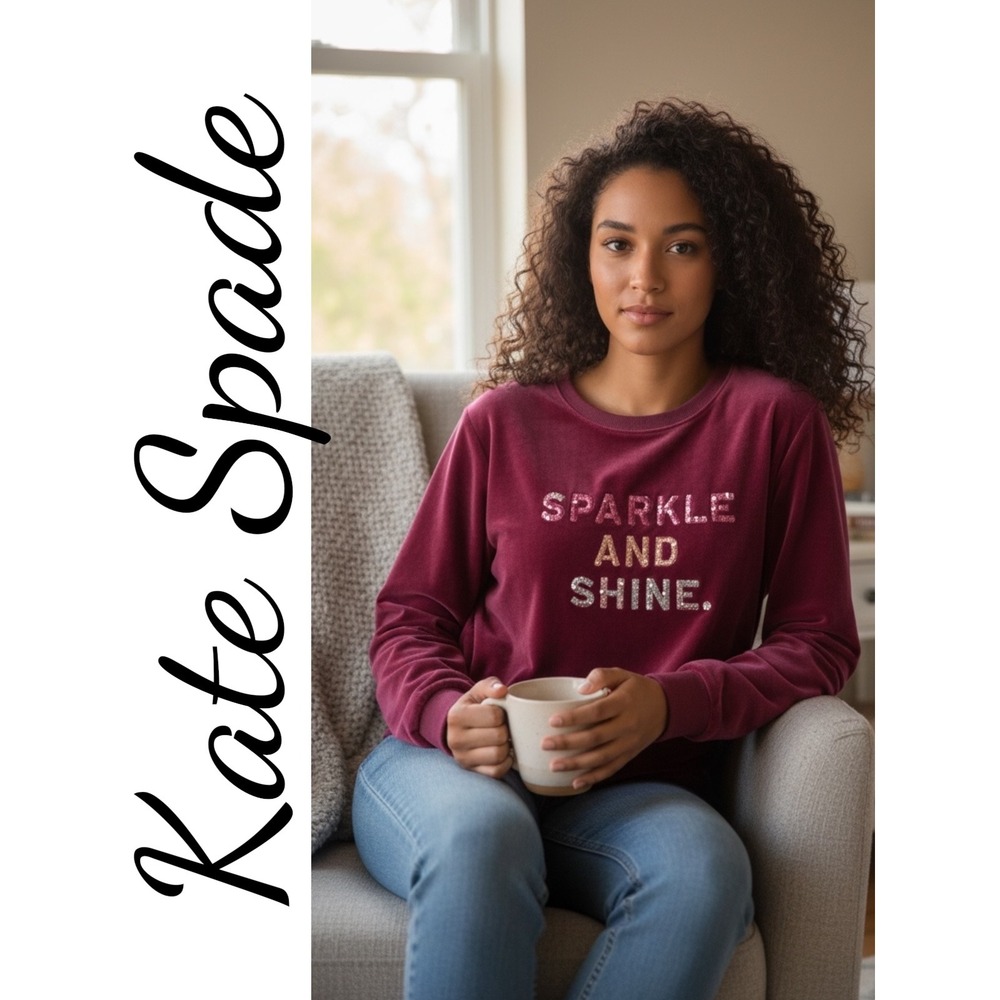 Kate Spade Sparkle and Shine Velour Sweatshirt Womens Large Berry‎ Graphic
